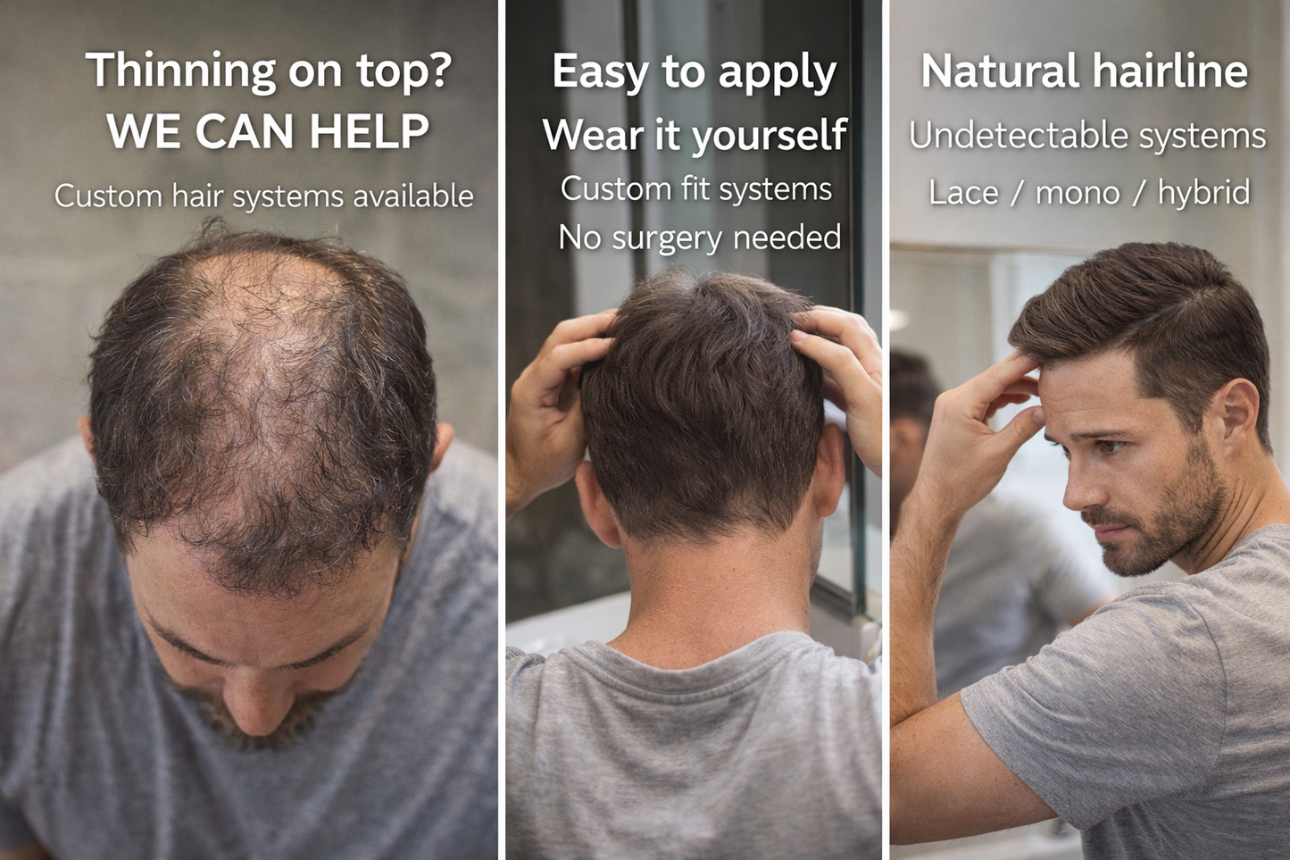 Advertisement for hair thinning solutions with a man adjusting his hair.