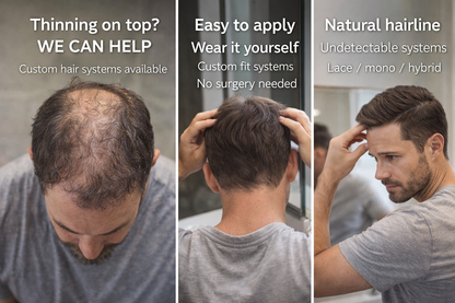 Advertisement for hair thinning solutions with a man adjusting his hair.