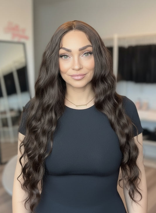 Woman with long wavy hair in a wig store