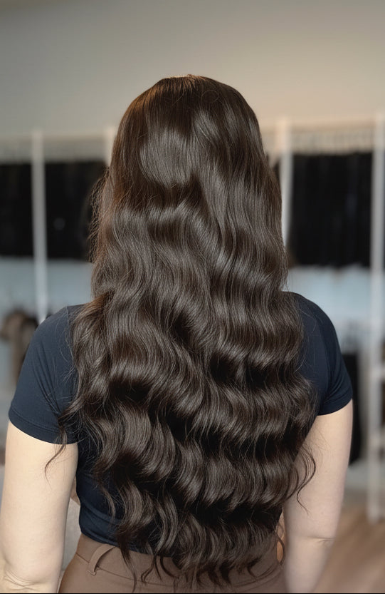 Person with long, wavy hair in a salon setting