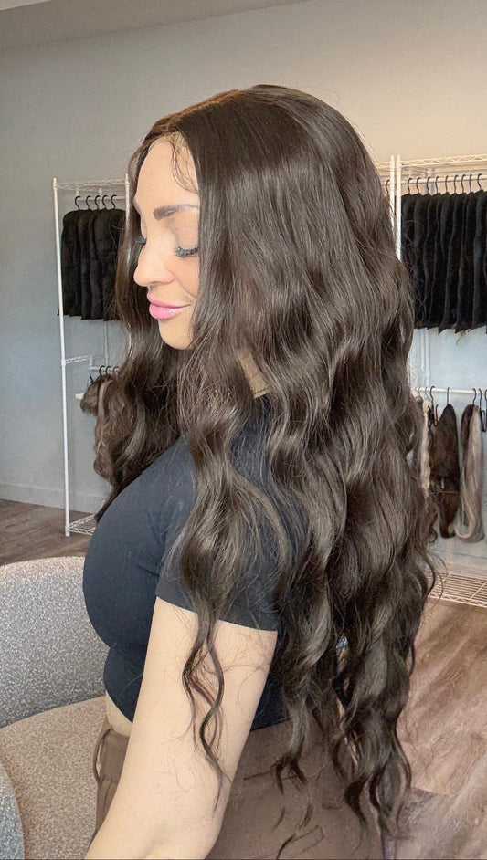 Woman with long, wavy hair in a salon setting