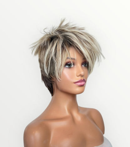 Mannequin head with a short blonde wig on a white background