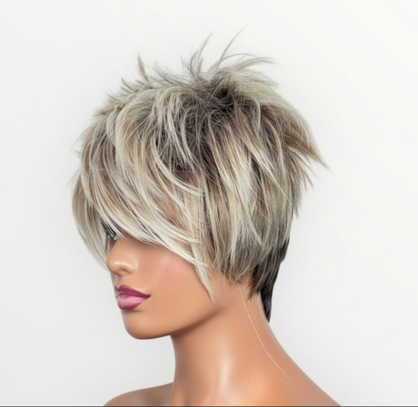 Mannequin head with a styled wig on a white background