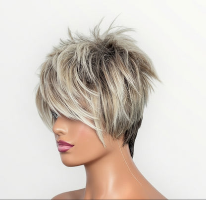 Mannequin head with a styled wig on a white background