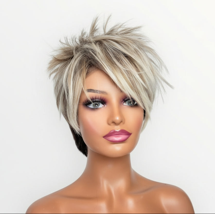 Mannequin head with a blonde wig on a white background