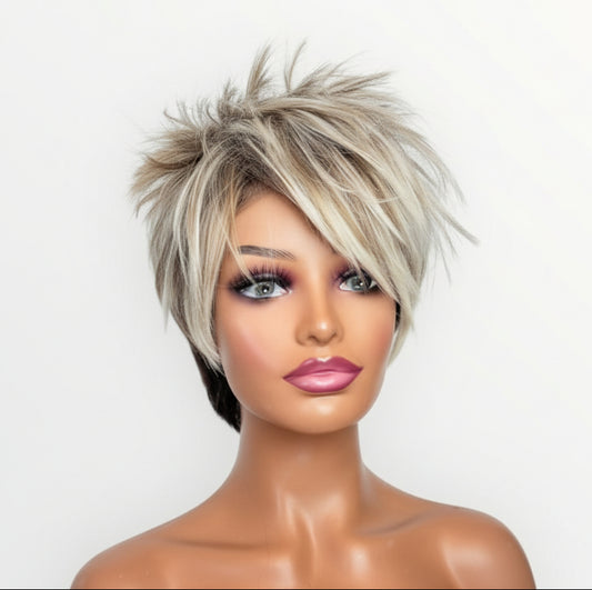 Mannequin head with a blonde wig on a white background