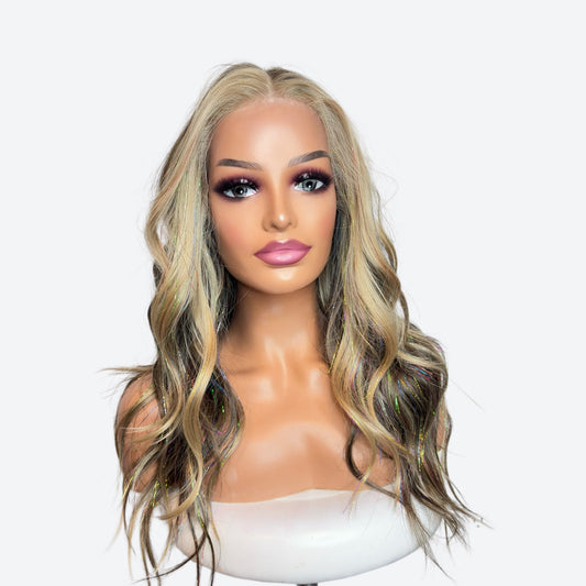 Wig Vault: Style #14 - Copper Blonde Highlight Blend with Rainbow Tinsel | 27” | T-Part
