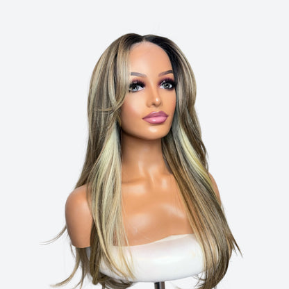 Wig Vault | Style # 18 - Long Blonde-Brown Layers with Blonde Curtain Bangs | T-Part | Wig Vault