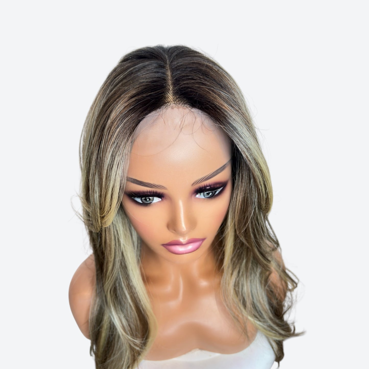 Wig Vault | Style # 18 - Long Blonde-Brown Layers with Blonde Curtain Bangs | T-Part | Wig Vault