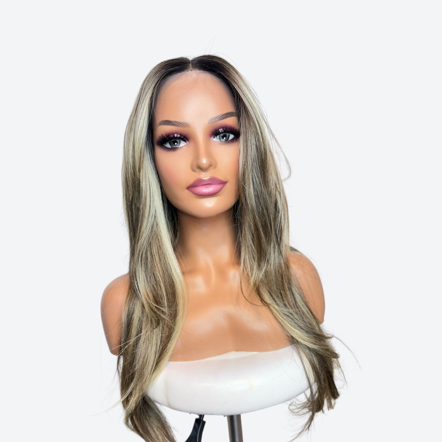 Wig Vault | Style # 18 - Long Blonde-Brown Layers with Blonde Curtain Bangs | T-Part | Wig Vault