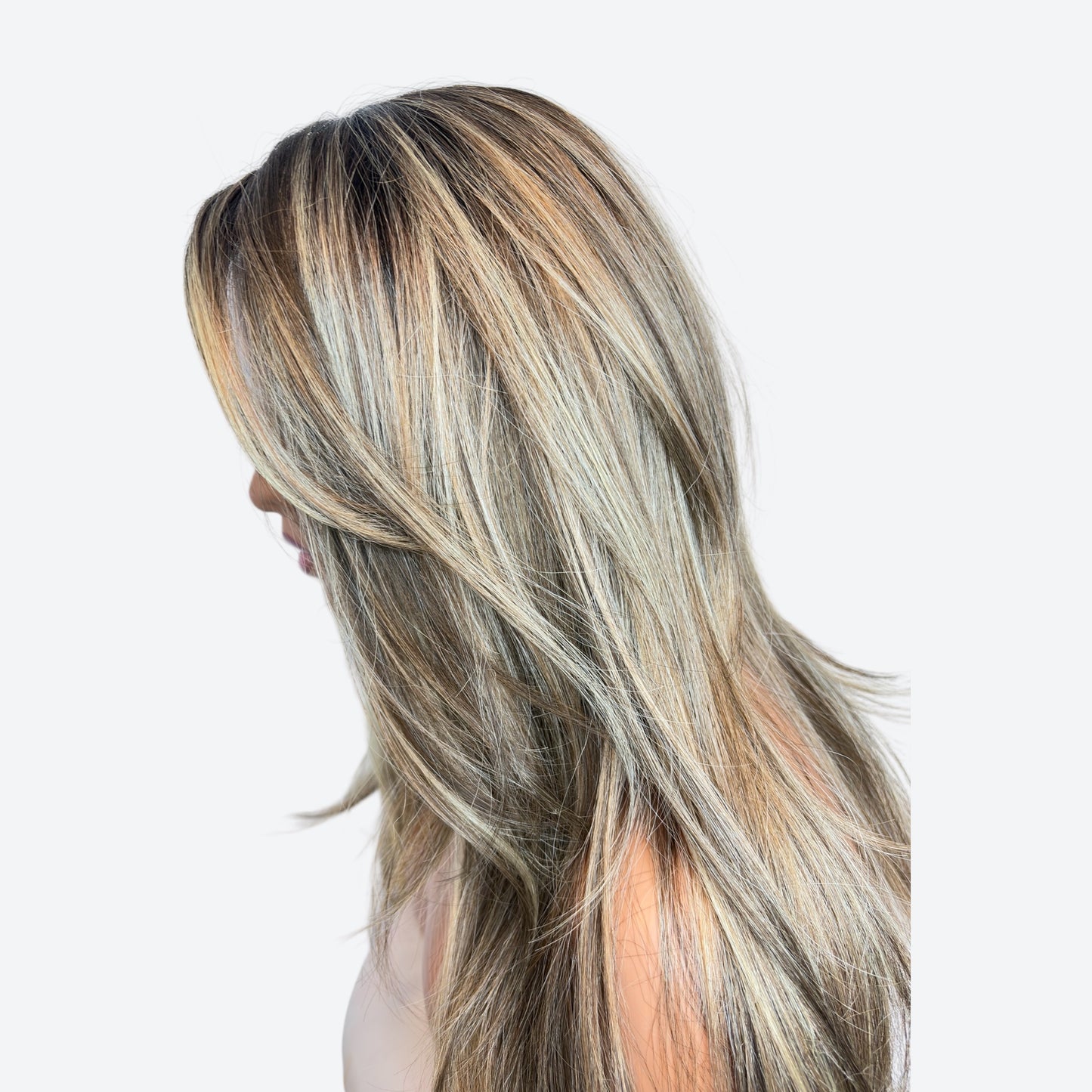 Wig Vault | Style # 18 - Long Blonde-Brown Layers with Blonde Curtain Bangs | T-Part | Wig Vault