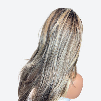 Wig Vault | Style # 18 - Long Blonde-Brown Layers with Blonde Curtain Bangs | T-Part | Wig Vault