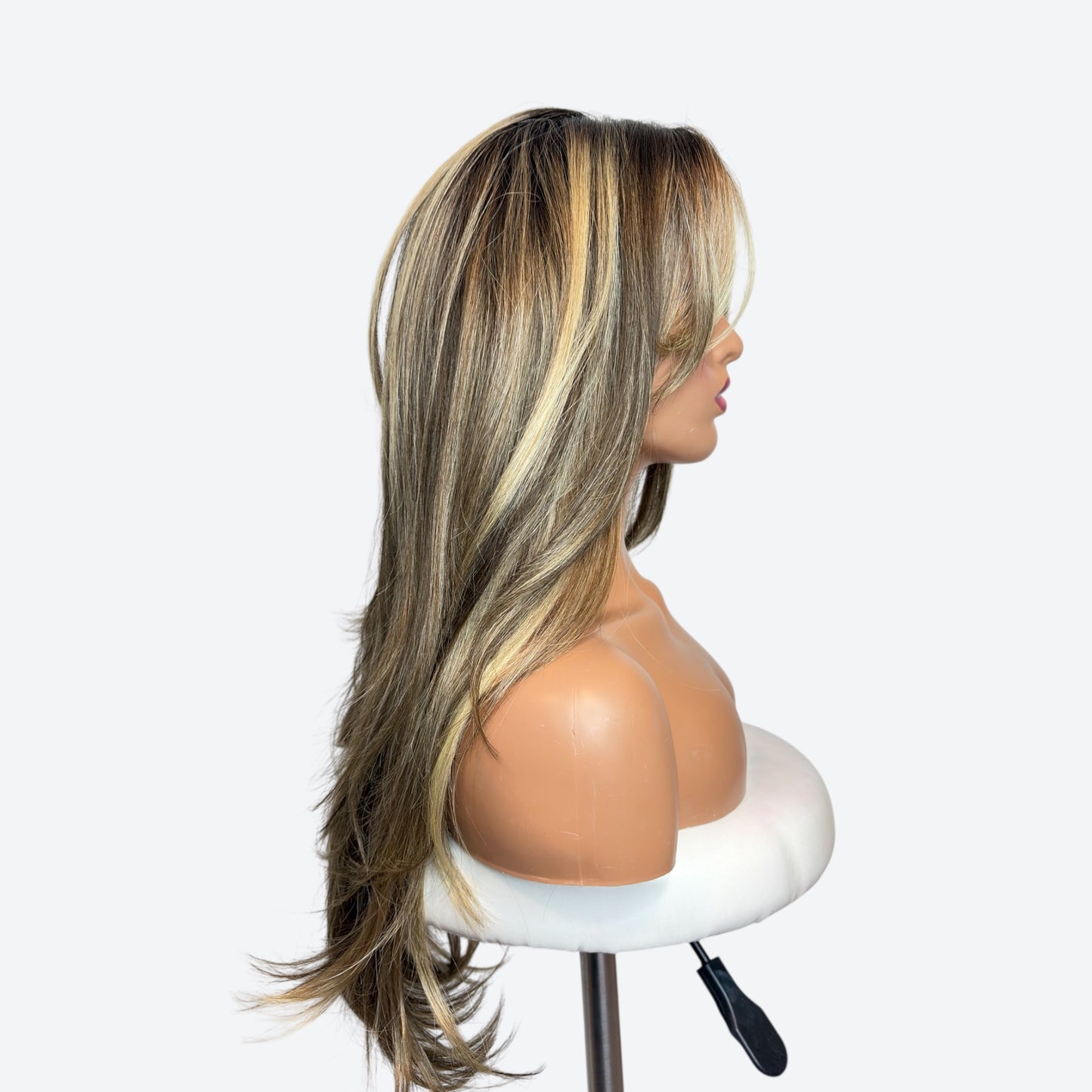 Wig Vault | Style # 18 - Long Blonde-Brown Layers with Blonde Curtain Bangs | T-Part | Wig Vault