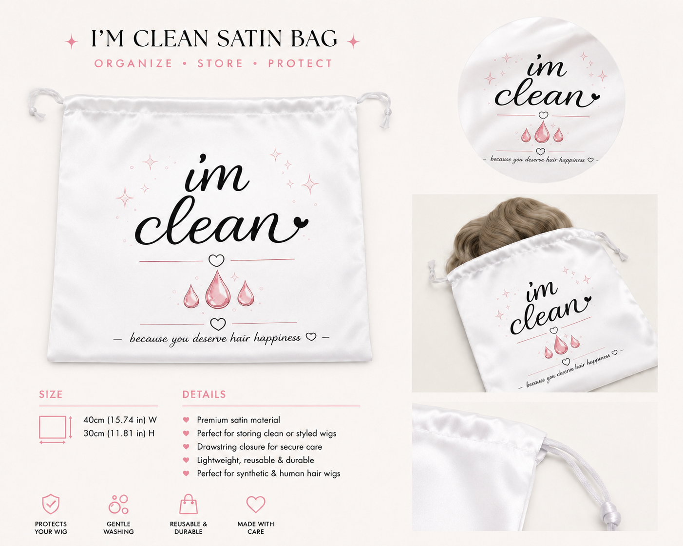 Wash Me  & I’m Clean Satin Wig Care Bag Set | Organize. Protect. Simplify.