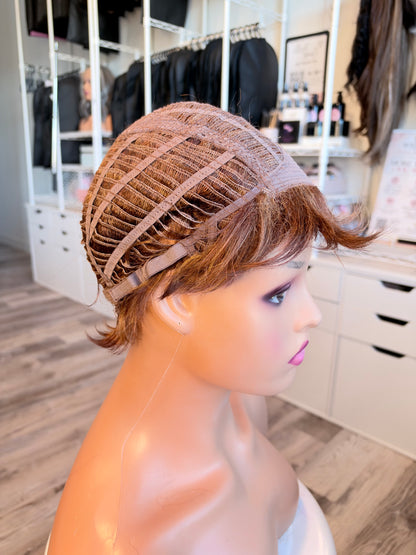 Wig Vault: “DG/ 2” - Short Brown Pixie with Caramel Highlights | Pre-Loved | Wigs Canada