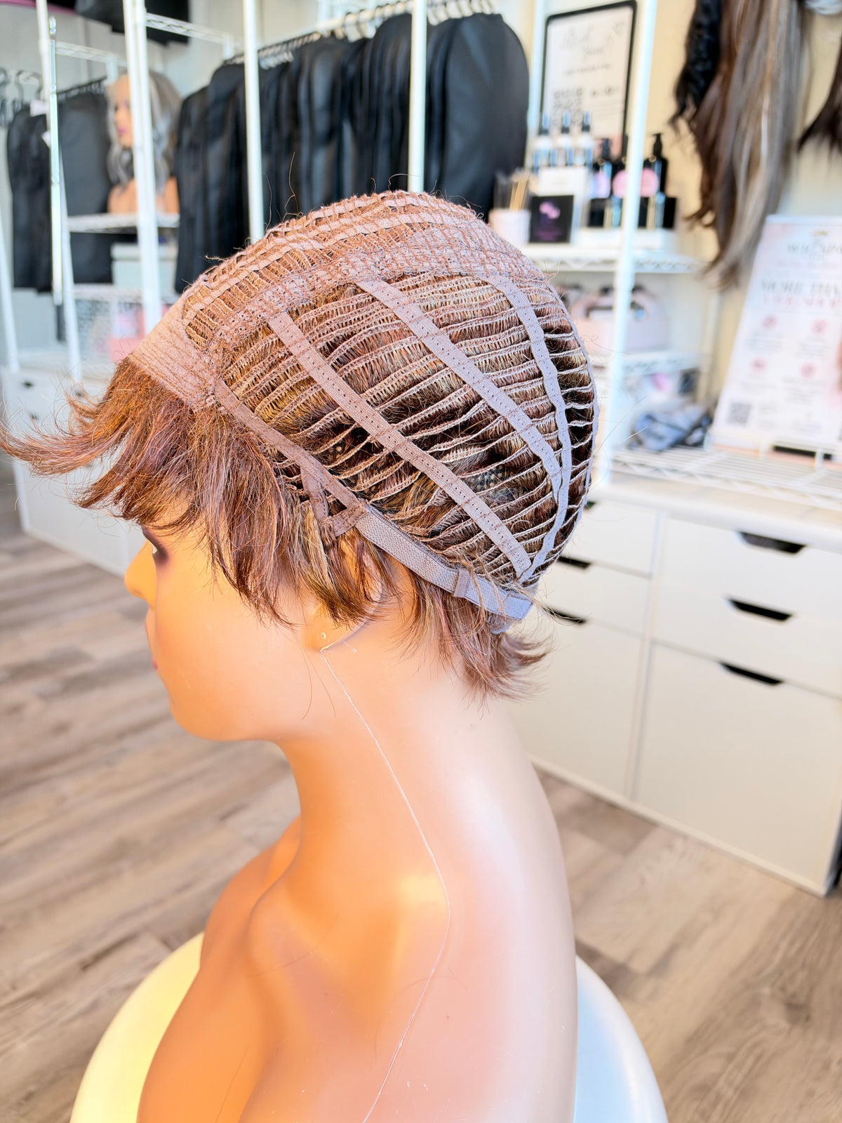 Wig Vault: “DG/ 2” - Short Brown Pixie with Caramel Highlights | Pre-Loved | Wigs Canada