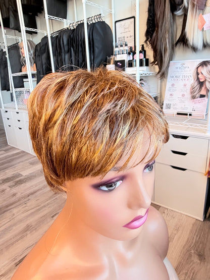 Wig Vault: “DG/ 6” - Short Pixie with Golden Blonde Highlights | Wig Pro Collection | Pre-Loved | Wigs Canada