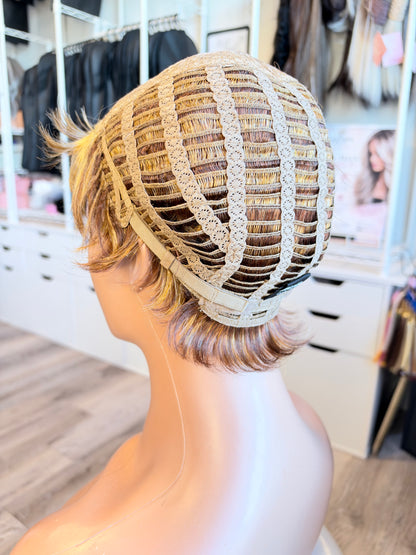 Wig Vault: “DG/ 6” - Short Pixie with Golden Blonde Highlights | Wig Pro Collection | Pre-Loved | Wigs Canada