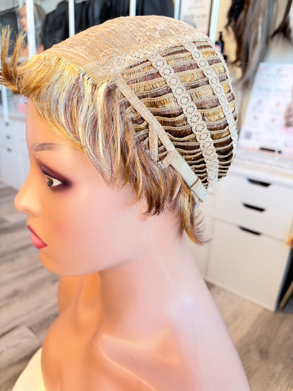 Wig Vault: “DG/ 6” - Short Pixie with Golden Blonde Highlights | Wig Pro Collection | Pre-Loved | Wigs Canada