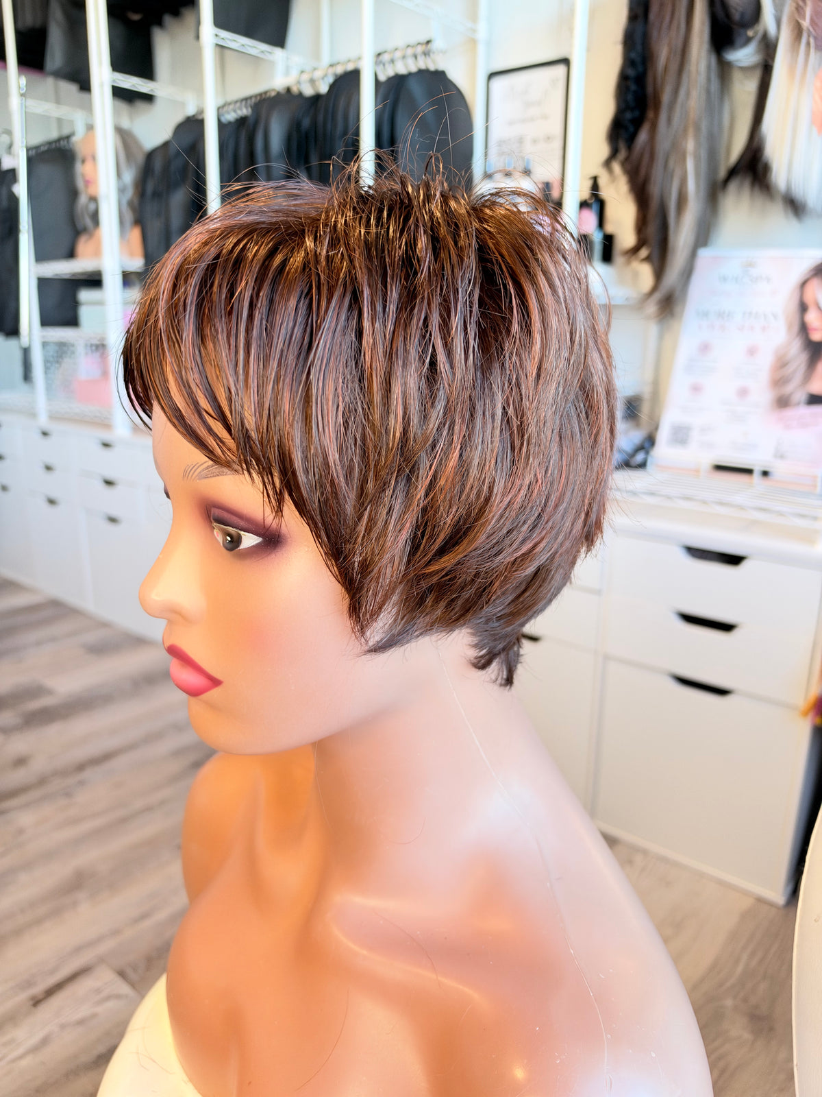 Wig Vault: “DG/ 7” — Short Brown Pixie Bob with Copper Tones | Pre-Loved | Wigs Canada
