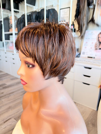 Wig Vault: “DG/ 7” — Short Brown Pixie Bob with Copper Tones | Pre-Loved | Wigs Canada