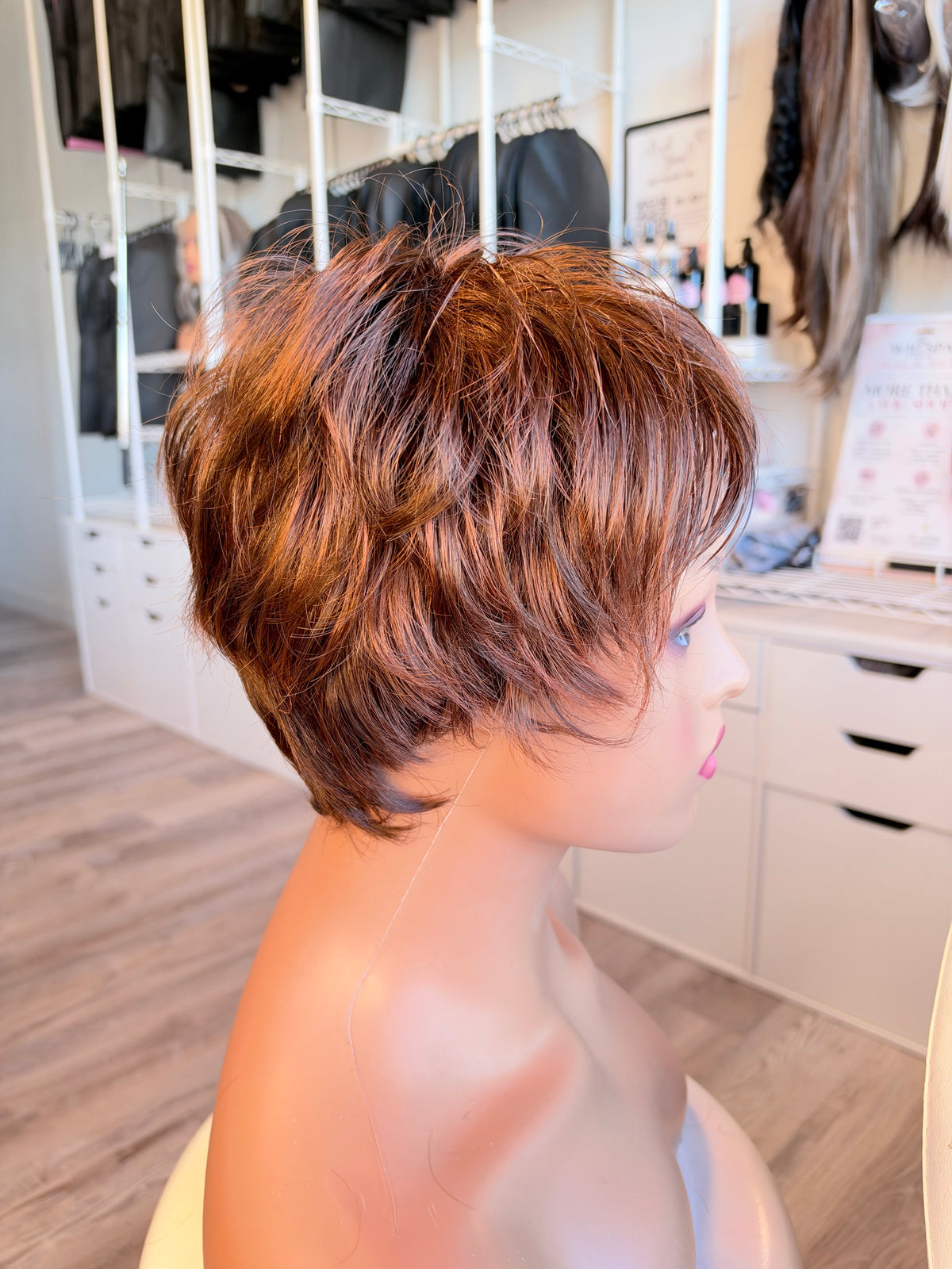 Wig Vault: “DG/ 7” — Short Brown Pixie Bob with Copper Tones | Pre-Loved | Wigs Canada