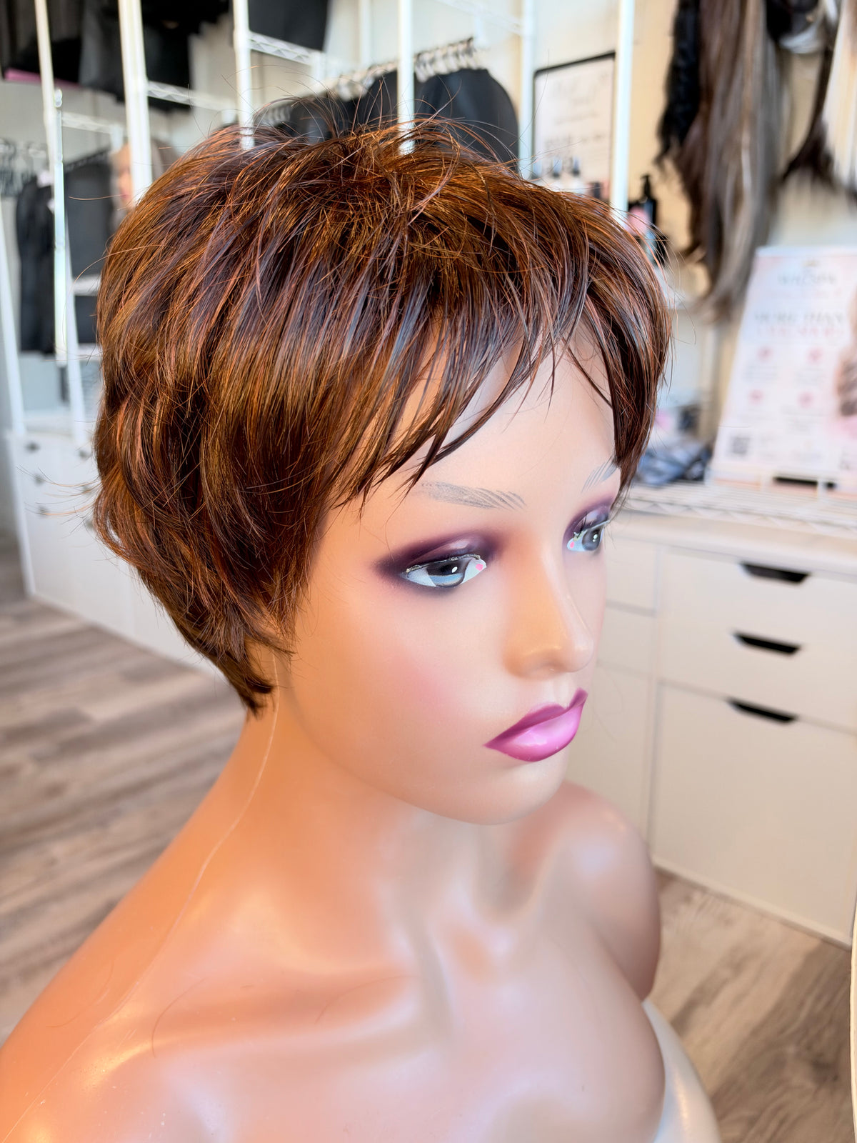 Wig Vault: “DG/ 7” — Short Brown Pixie Bob with Copper Tones | Pre-Loved | Wigs Canada