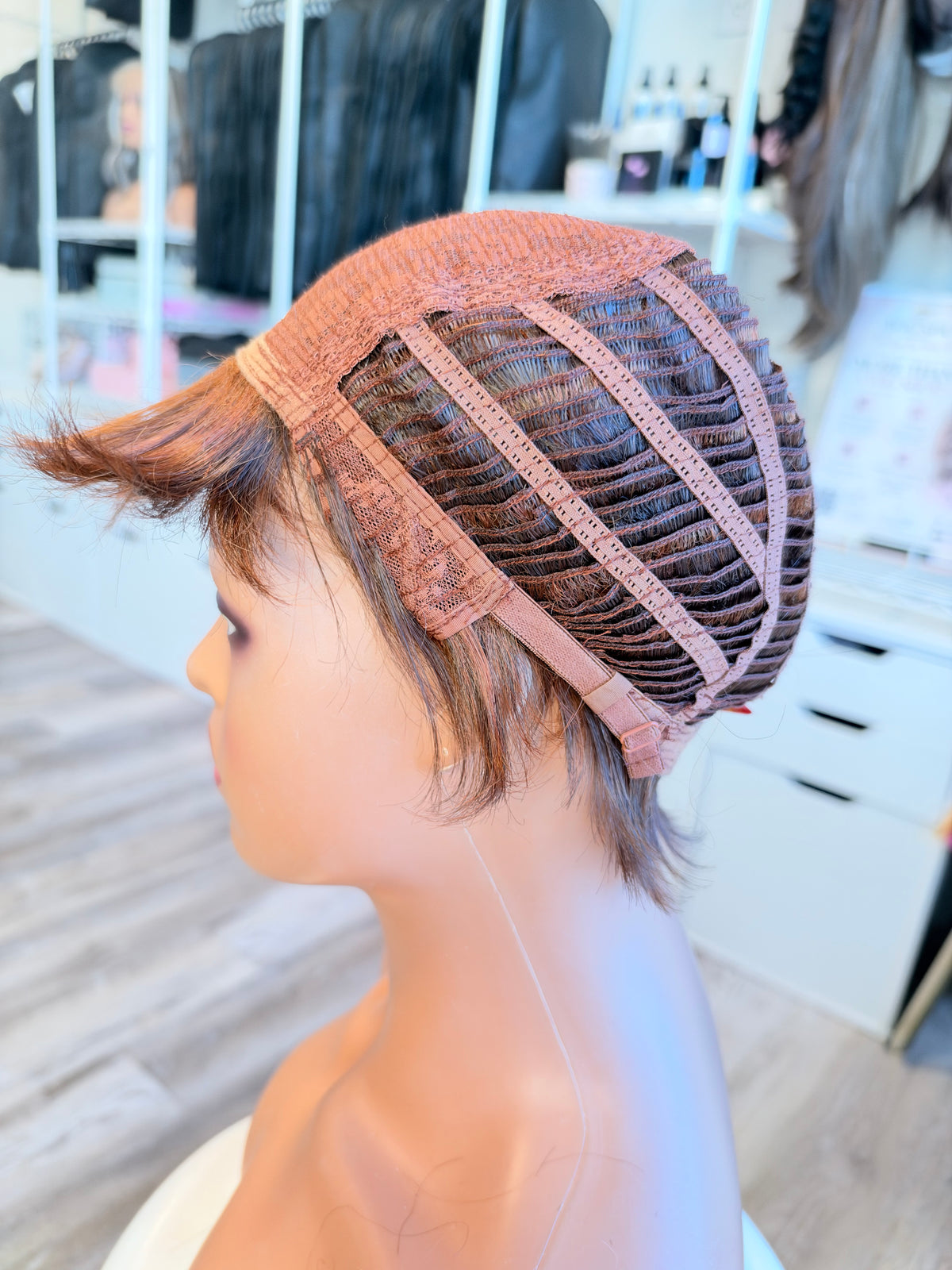 Wig Vault: “DG/ 11” - Short Brown Pixie Bob with Copper Tones | Pre-Loved | Wigs Canada