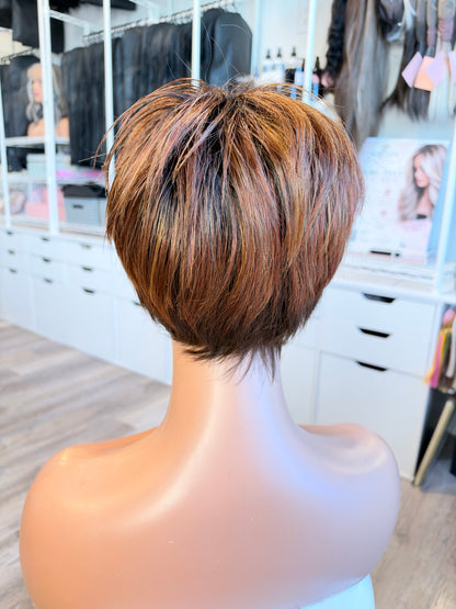 Wig Vault: “DG/ 12” - Short Brown Pixie with Copper Highlights | Mono Top | Pre-Loved | Wigs Canada