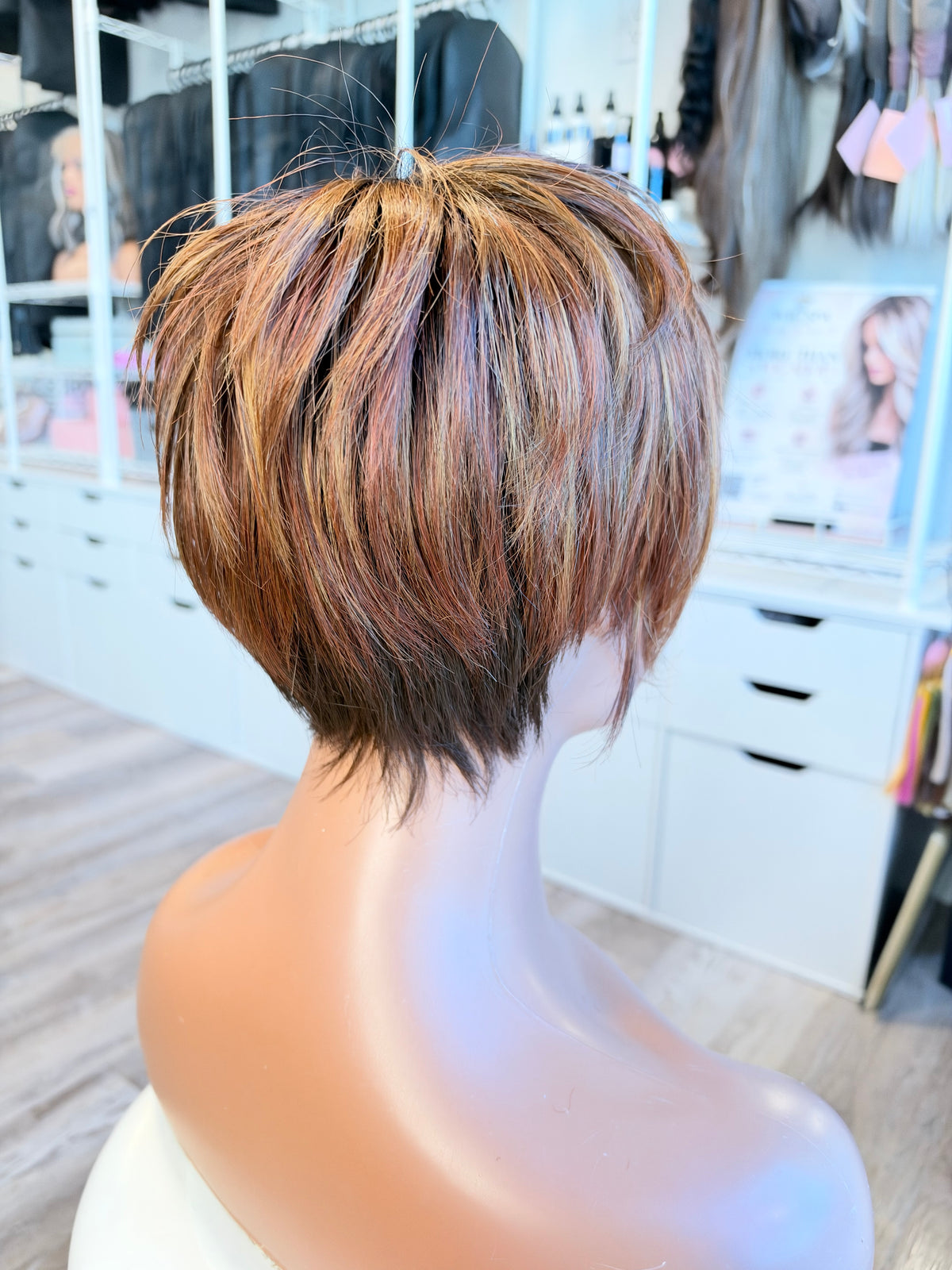 Wig Vault: “DG/ 12” - Short Brown Pixie with Copper Highlights | Mono Top | Pre-Loved | Wigs Canada