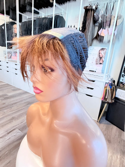 Wig Vault: “DG/ 12” - Short Brown Pixie with Copper Highlights | Mono Top | Pre-Loved | Wigs Canada