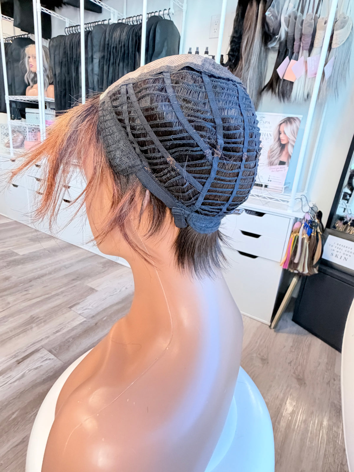 Wig Vault: “DG/ 12” - Short Brown Pixie with Copper Highlights | Mono Top | Pre-Loved | Wigs Canada