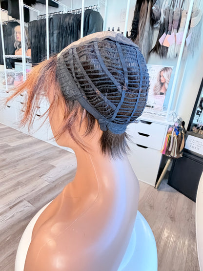 Wig Vault: “DG/ 12” - Short Brown Pixie with Copper Highlights | Mono Top | Pre-Loved | Wigs Canada