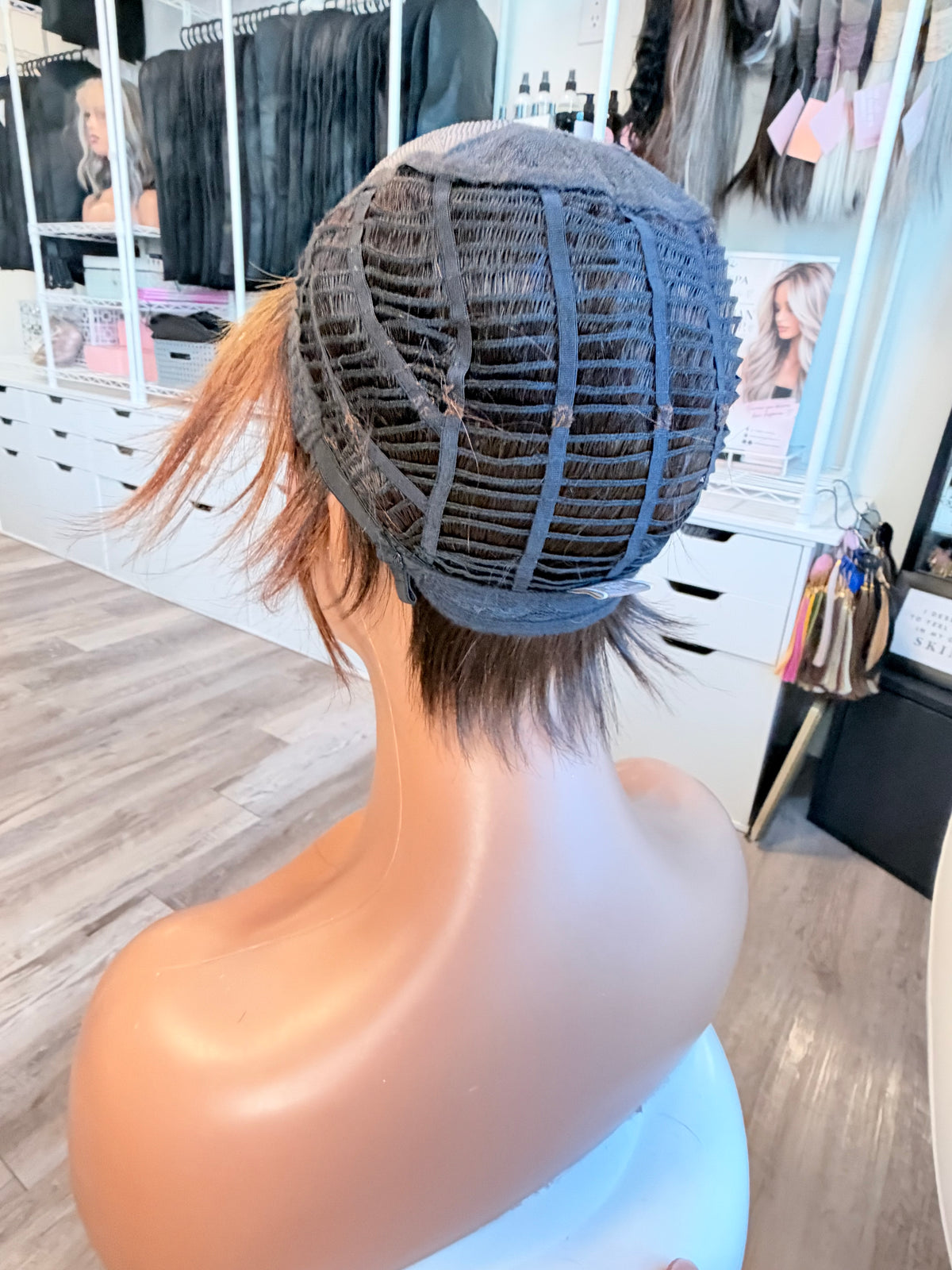 Wig Vault: “DG/ 12” - Short Brown Pixie with Copper Highlights | Mono Top | Pre-Loved | Wigs Canada