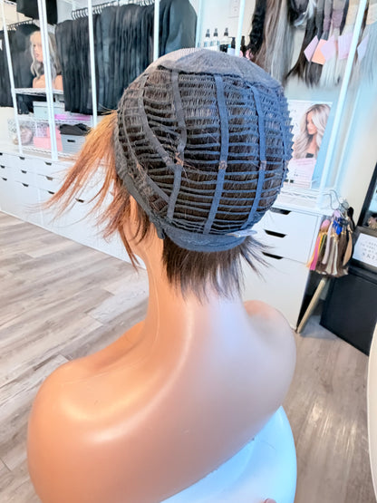 Wig Vault: “DG/ 12” - Short Brown Pixie with Copper Highlights | Mono Top | Pre-Loved | Wigs Canada