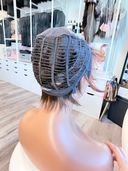 Wig Vault: “DG/ 12” - Short Brown Pixie with Copper Highlights | Mono Top | Pre-Loved | Wigs Canada