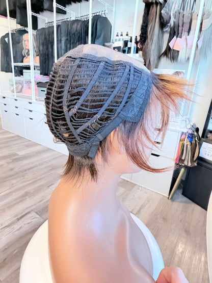 Wig Vault: “DG/ 12” - Short Brown Pixie with Copper Highlights | Mono Top | Pre-Loved | Wigs Canada