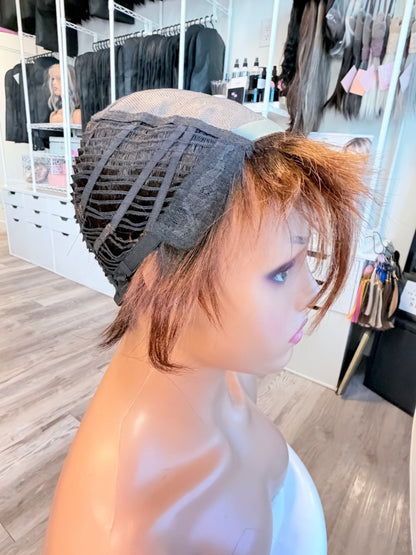 Wig Vault: “DG/ 12” - Short Brown Pixie with Copper Highlights | Mono Top | Pre-Loved | Wigs Canada