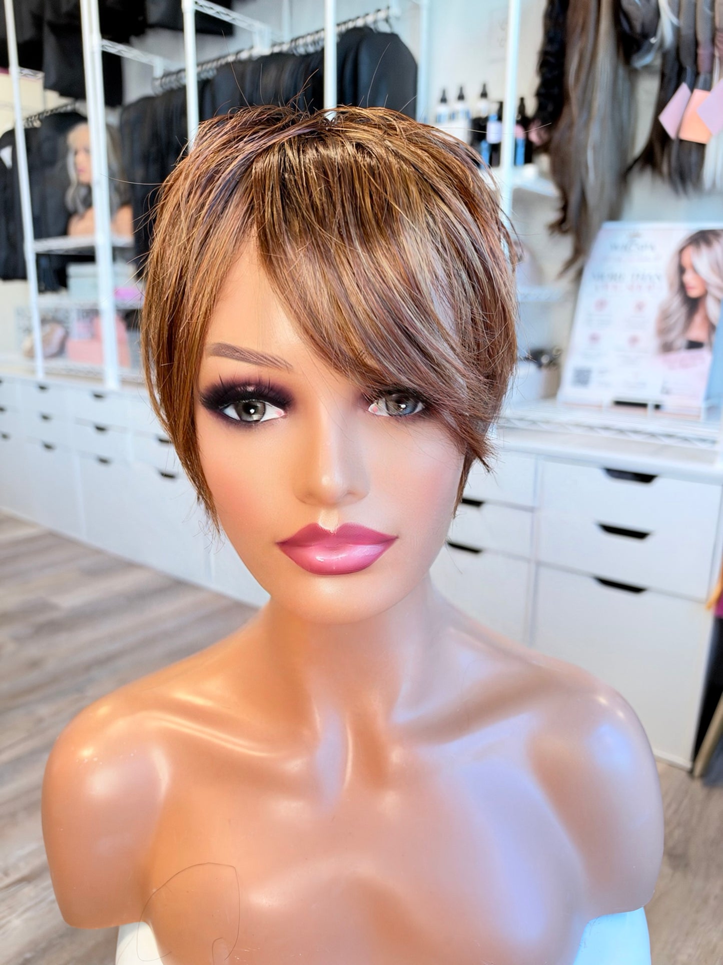 Wig Vault: “DG/ 12” - Short Brown Pixie with Copper Highlights | Mono Top | Pre-Loved | Wigs Canada