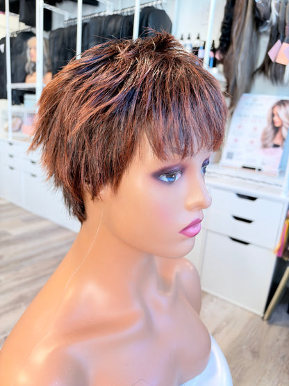 Wig Vault: “DG/ 13” - Short Brown Spiky Pixie with Copper Tones | Pre-Loved | Wigs Canada