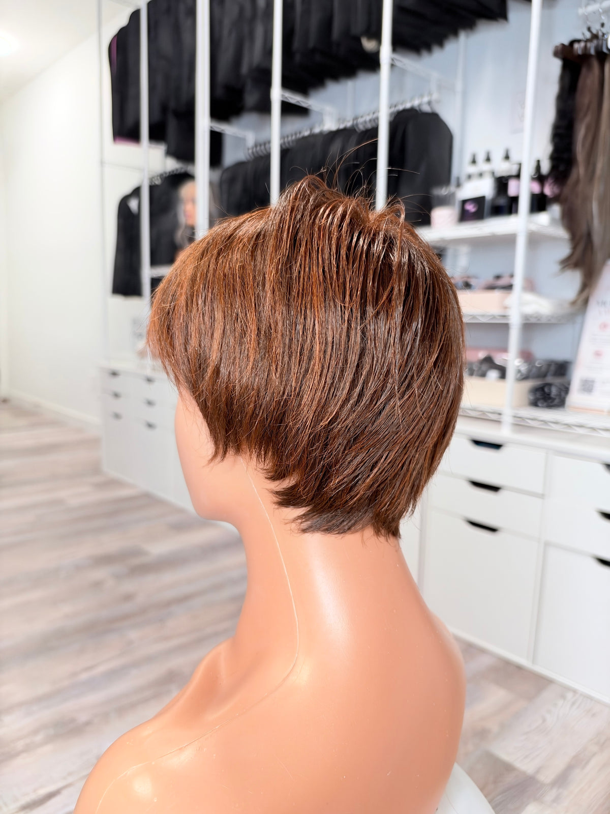 Wig Vault: “DG/ 17” - Short Brown Layered Pixie Bob with Copper Tones | Pre-Loved | Wigs Canada