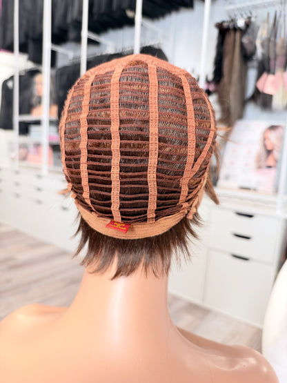 Wig Vault: “DG/ 17” - Short Brown Layered Pixie Bob with Copper Tones | Pre-Loved | Wigs Canada