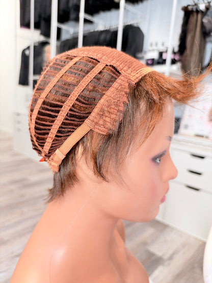 Wig Vault: “DG/ 17” - Short Brown Layered Pixie Bob with Copper Tones | Pre-Loved | Wigs Canada