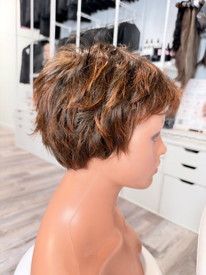 Wig Vault: “DG/ 18” - Short Brown Choppy Spiky Pixie with Copper Highlights | Pre-Loved | Wigs Canada