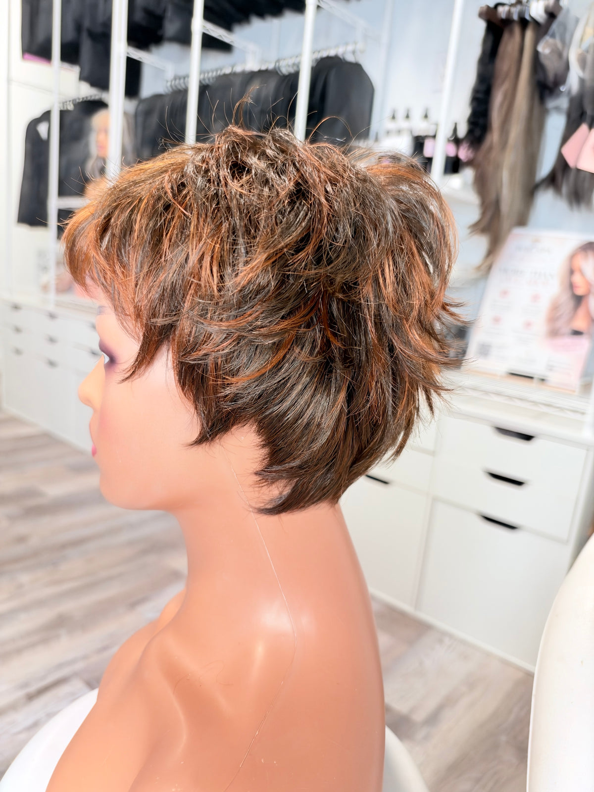 Wig Vault: “DG/ 18” - Short Brown Choppy Spiky Pixie with Copper Highlights | Pre-Loved | Wigs Canada