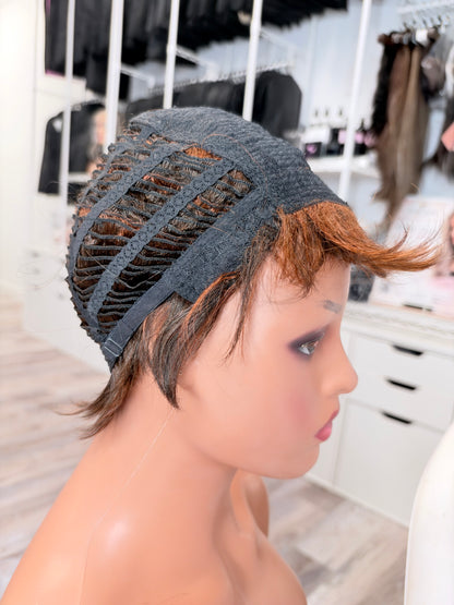 Wig Vault: “DG/ 18” - Short Brown Choppy Spiky Pixie with Copper Highlights | Pre-Loved | Wigs Canada