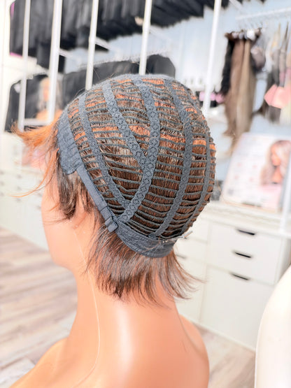 Wig Vault: “DG/ 18” - Short Brown Choppy Spiky Pixie with Copper Highlights | Pre-Loved | Wigs Canada