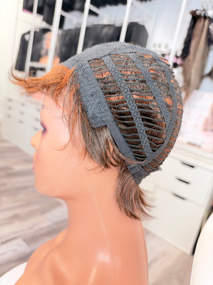 Wig Vault: “DG/ 18” - Short Brown Choppy Spiky Pixie with Copper Highlights | Pre-Loved | Wigs Canada
