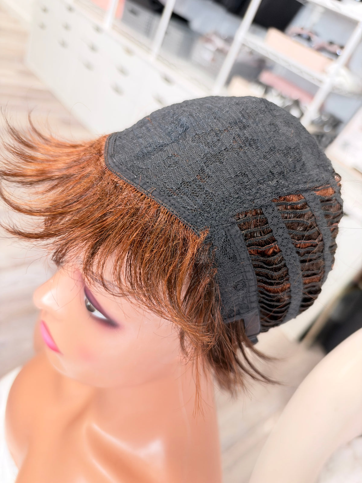 Wig Vault: “DG/ 18” - Short Brown Choppy Spiky Pixie with Copper Highlights | Pre-Loved | Wigs Canada