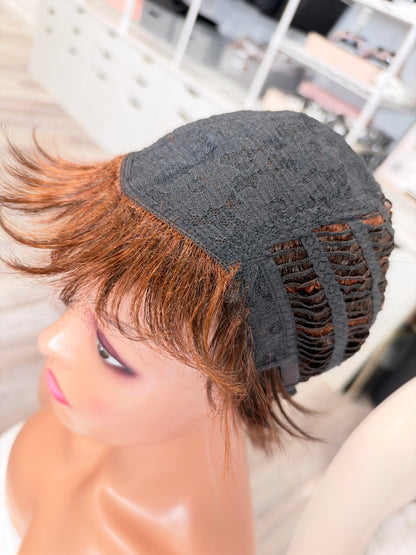 Wig Vault: “DG/ 18” - Short Brown Choppy Spiky Pixie with Copper Highlights | Pre-Loved | Wigs Canada